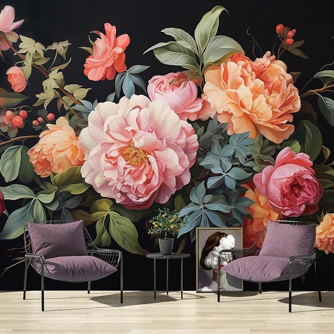 Zeeko Large Floral Peel and Stick Wall Murals 148" W x 98" H Vintage 3D Dark Peony Flowers Wallpaper Self Adhesive Nature Botanical Leaf Wall Stickers for Bedroom TV Background Living Room Decor