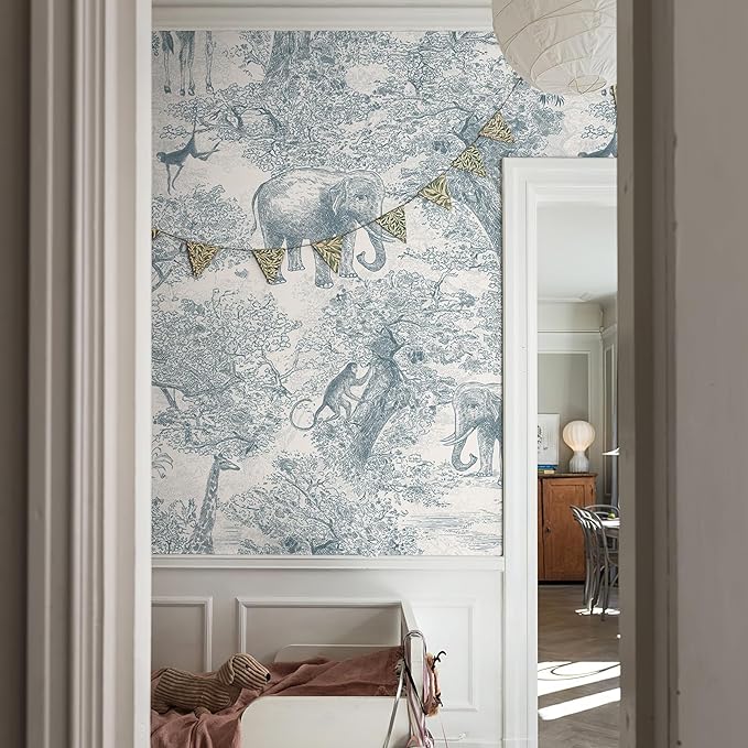 Zeeko Nursery Safari Animal Jungle Wall Mural Peel and Stick 148" W x 98" H Vintage French Canvas Waterproof Self-Adhesive Removable Wallpaper for Kids Room Bedroom Large Art Wall Decor