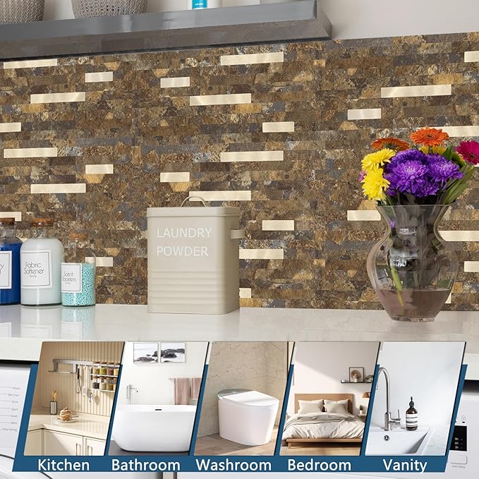 Yipscazo 20 Sheets Peel and Stick Stone Metal Backsplash, PVC Wall Tiles Stick on Tiles for Backsplash Kitchen, Bathroom, Fireplace (6'' X 12'', Rustic)