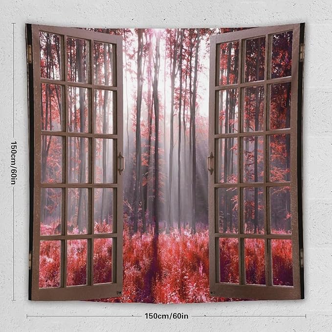 ZhiRain Red Forest Tapestry Wall Hanging Season Foggy Nature And Enchanted Woods Wild Trees Print Tapestries Home Decor for Living Room Bedroom Apartment Farmhouse Dorm 60"x60"