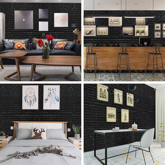 YU LI 3DH 3D Wall Panels Peel and Stick 30PCS Black Foam Brick Wallpaper for Bedroom Faux Stone Wall Panel Self-Adhesive Wallpaper (30PCS-29 Sq Ft, Black)