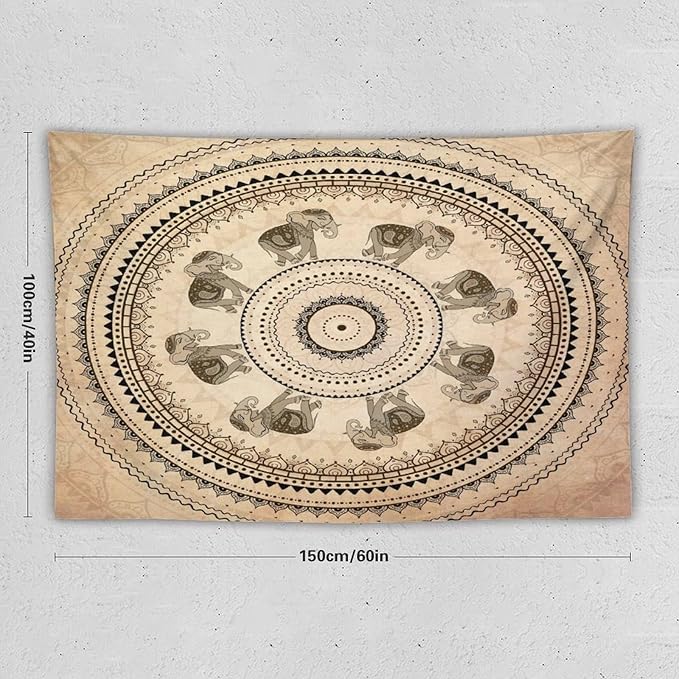 AAVEUP Indian Hippie Bohemian Psychedelic Tapestry Bohemian Brown Abstract Geometric Mandala Flower Vintage Elephant Texture Tapestries for Bedroom Dorm Living Room Decor 40x60in