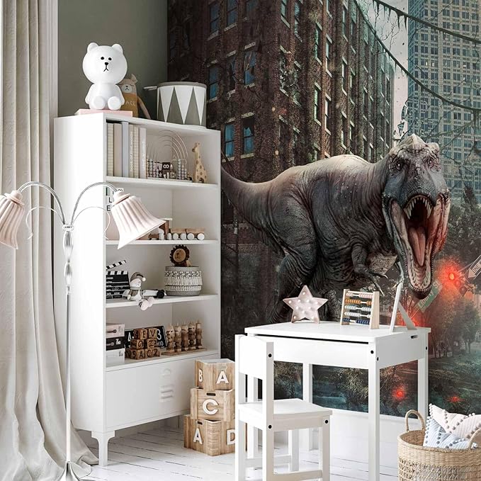 artgeist Wall Mural 3D Effect 77x55 in - Peel and Stick Self-Adhesive Wallpaper Removable Large Sticker Foil Wall Decor Print Picture Image Design - Dinosaurs City g-C-0223-a-a