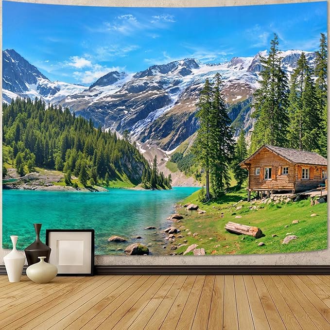 Zussun Nature Mountain Forest Tapestry Green Pine Tree Stream Wall Tapestry for Bedroom Aesthetic Wooden Cabin Snowy Landscape Large Tapestries Wall Hanging for Dorm Living Room Decor 80 x 60 Inch