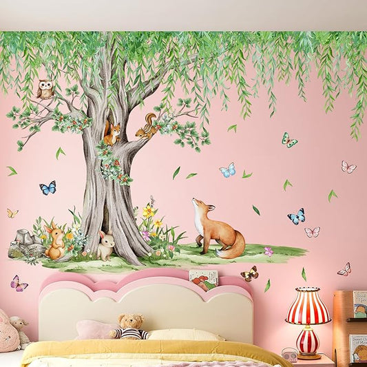 AM AMAONM Large Removable Watercolor Tree with Hanging Green Leaves Vine Wall Sticker Cartoon Animals Wall Decal Peel and Stick Flower Decor for Kids Bedroom Nursery Living Room