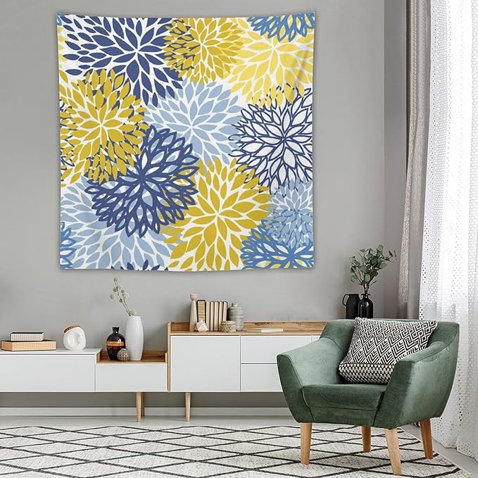 ZhiRain Blue Yellow Floral Tapestry Wall Hanging Boho Dahlia Chrisanthemum Flowers Pattern Tapestries Home Decor for Living Room Bedroom Farmhouse Apartment Dorm 60"x60"