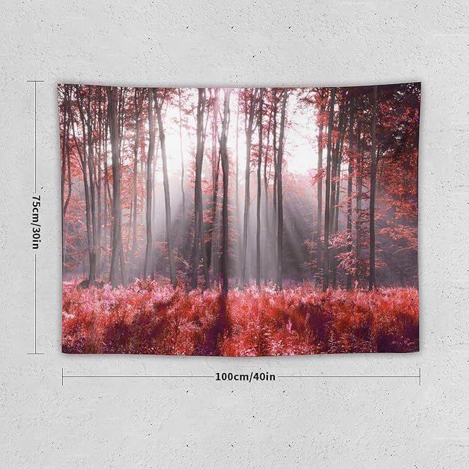 ZhiRain Red Forest Tapestry Wall Hanging Season Foggy Nature And Enchanted Woods Wild Trees Print Tapestries Home Decor for Living Room Bedroom Apartment Farmhouse Dorm 30"x40"