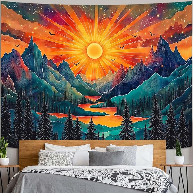 Zussun Vintage Sun Mountain Tapestry Hippie Boho Nature Forest Tree Wall Tapestry for Bedroom Aesthetic Sunset River Landscape Small Tapestries Wall Hanging for Dorm Living Room Decor 48 x 36 Inch