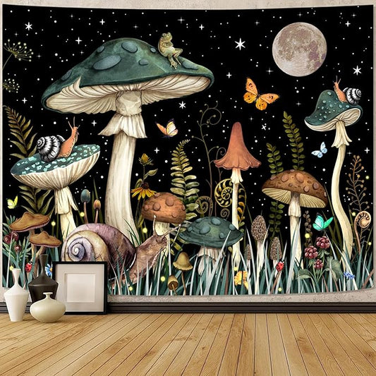 Zussun Green Mushroom Tapestry Moon Star Tapestries for Bedroom Aesthetic Starry Night Plant Tapastrys Wall Hanging Butterfly Snail Frog Wall Tapestry for Living Room Dorm (Dark, 60" x 44")