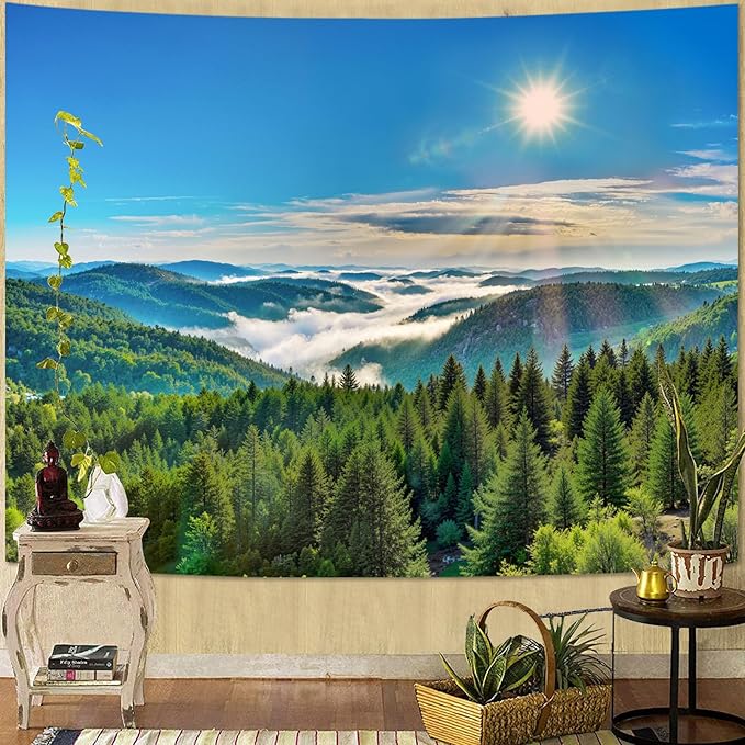 Zussun Nature Forest Mountain Tapestry Green Pine Tree Sunshine Jungle Tapestry for Bedroom Aesthetic Plant Mountain Landscape Small Tapestries Wall Hanging for Dorm Living Room Decor 48 x 36 Inch