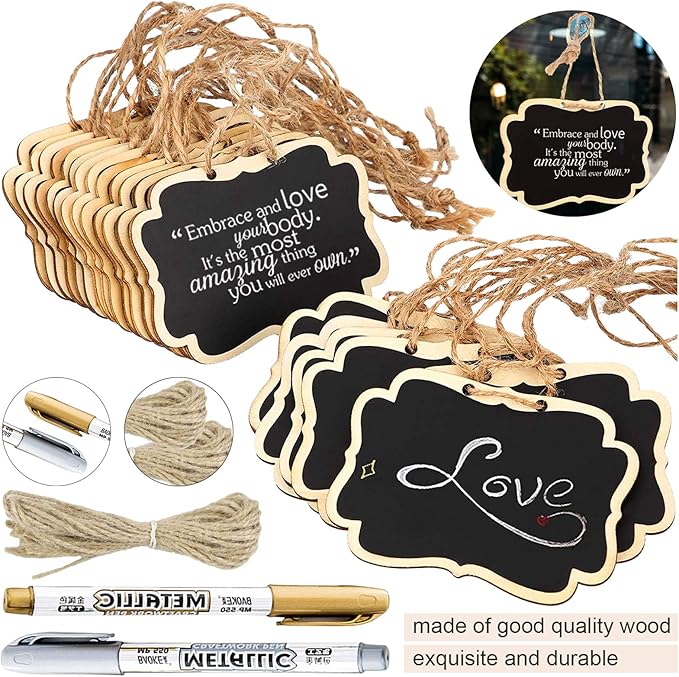 24 Pack Chalkboard Tags with String, 2.36x3.35 Inch Mini Wood Chalkboards Signs with Gold and Silver Markers, Hanging Chalkboard Labels Massage Board Signs, Price Tags