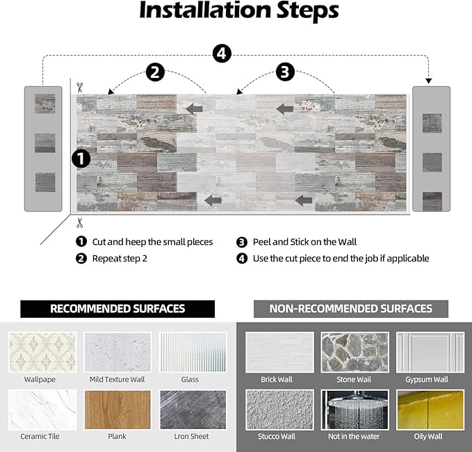 10-Pack Peel and Stick Tile Backsplash 12"X12" PVC Wall Tiles, Stick on Backsplash for Kitchen, Bathroom Tile, Fireplace Décor, Laundry Table, Stair Decals in Rustic Wood Grain