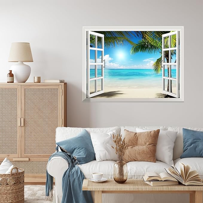 wall26 White Sand Beach with Palm Tree Open Window Wall Mural Removable Sticker Home Decor - 24x32 inches