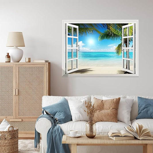 wall26 White Sand Beach with Palm Tree Open Window Wall Mural Removable Sticker Home Decor - 24x32 inches