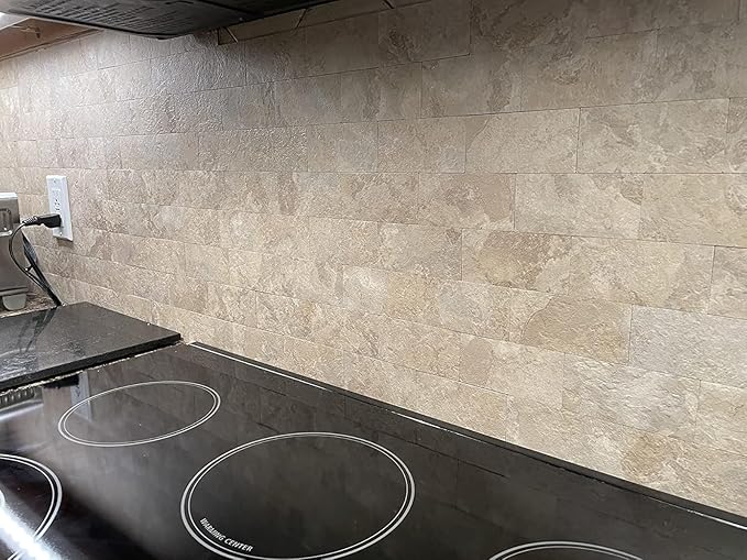 1-Pack Peel and Stick Tile Backsplash 12"X12" PVC Wall Tiles, Stick on Backsplash for Kitchen, Bathroom Tile, Fireplace Décor, Laundry Table, Stair Decals in Beige Ecru