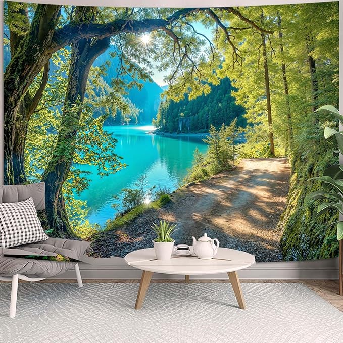Zussun Nature Forest Mountain Tapestry Green Teal Lake Path Tapestry for Bedroom Aesthetic Lush Sunshine Landscape Large Tapestries Wall Hanging for Dorm Living Room Decor 80 x 60 Inch