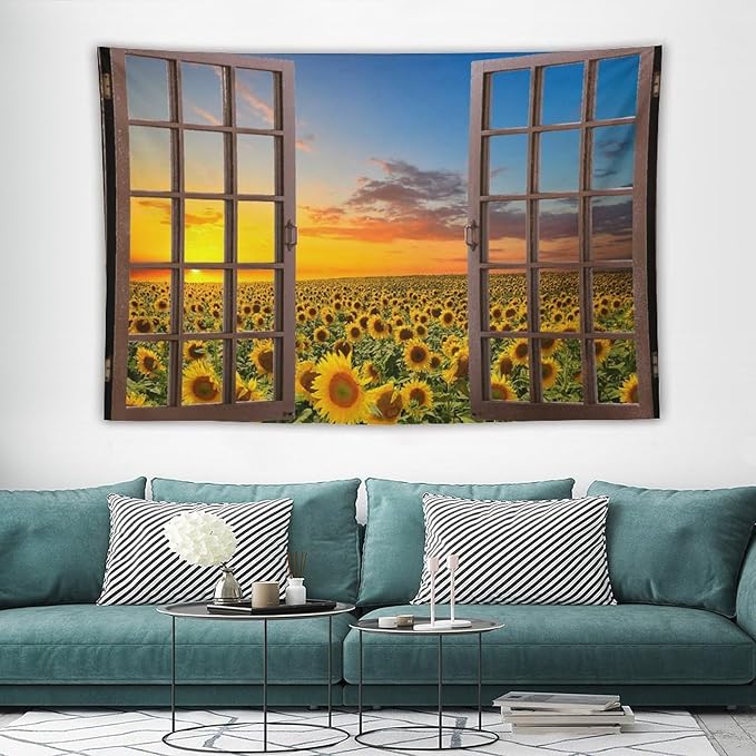 ZhiRain Sunflowers Scenery Tapestry Wall Hanging Through The Window Fields Sunset Landscape Tapestries Home Decor for Living Room Bedroom Apartment Farmhouse Dorm 40"x60"