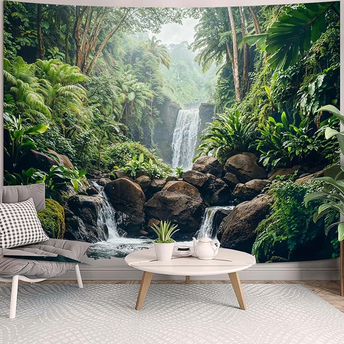 Zussun Nature Forest Tapestry Green Rainforest Tree Wall Tapestry for Bedroom Aesthetic Waterfall Lush Landscape Small Tapestries Wall Hanging for Dorm Living Room Decor 48 x 36 Inch
