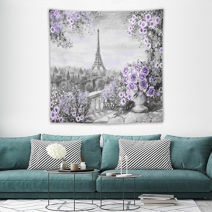 ZhiRain Vintage Paris Tapestry Wall Hanging Eiffel Tower Purple Rose Flower Spring Cityscape Gray Tapestries Home Decor for Living Room Bedroom Apartment Farmhouse Dorm 60"x60"