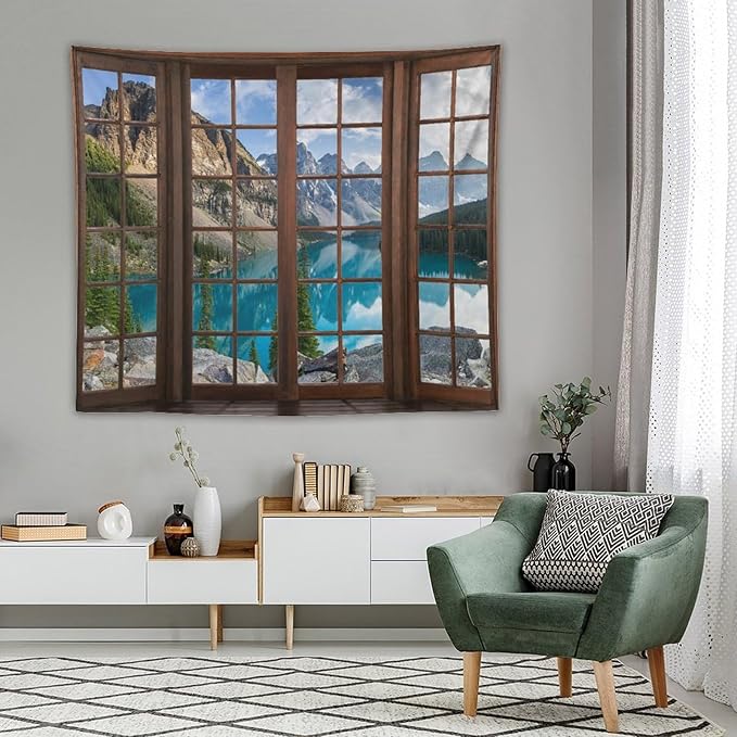 ZhiRain Mountain Landscape Tapestry Wall Hanging Nature Scenery Lake Pine Tree Forest Blue Sky Through Brown Window Tapestries Home Decor for Living Room Bedroom Apartment Farmhouse 50"x60"