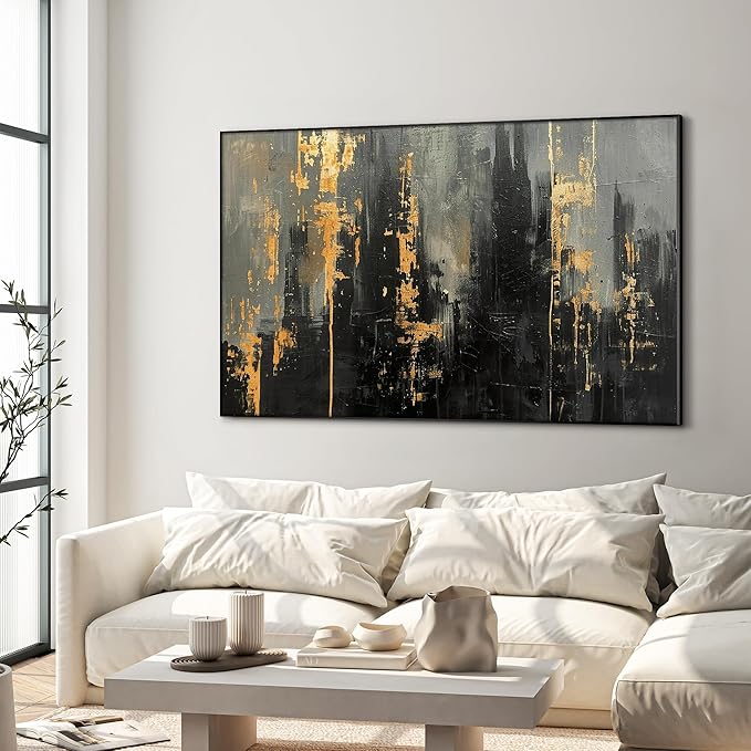 36"x60" XL Framed Wall Art - Modern Black and Gold Urban Wall Art (Frame Assembly Required)