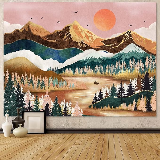 Zussun Mountain Tapestry Nature Forest Tree Tapestries for Bedroom Aesthetic Sunset Tapastry's Wall Hanging Orange and Green Landscape Wall Tapestry for Living Room Dorm (Orange, 60'' × 44'')