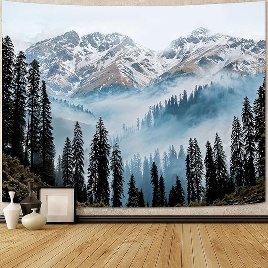 Zussun Nature Mountain Forest Tapestry Pine Tree Jungle Wall Tapestry for Bedroom Aesthetic Misty Snowy Landscape Large Tapestries Wall Hanging for Dorm Living Room Decor 80 x 60 Inch
