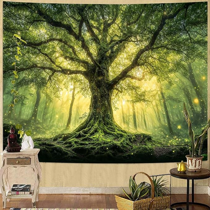 Zussun Green Tree of Life Tapestry Fantasy Fairy Forest Wall Tapestry for Bedroom Aesthetic Nature Misty Woodland Small Tapestries Wall Hanging for Dorm Living Room Decor 60 x 44 Inch