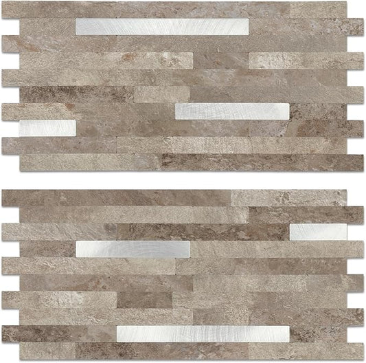 Yipscazo 2 Sheets PVC Wall Tiles Stick on Tiles for Backsplash Kitchen, Bathroom, Laundry Room, Camper, Fireplace (6'' X 12'', Brownish Stone)