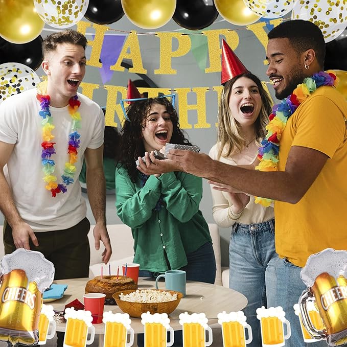 ZHENGYE Gold Birthday Party Decorations Set Beer Happy Birthday Banner Beer Banner Beer Balloons Latex Balloon Beer Themed Party Men Women Birthday Party Decorations
