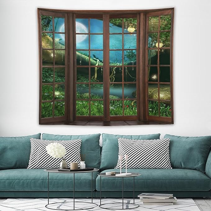 ZhiRain Fantasy Landscape Tapestry Wall Hanging Wooden Window Enchanted Forest Green Jungle Magic Full Moon Plant Night Scene Tapestries Home Decor for Living Room Bedroom Apartment Farmhouse 50"x60"