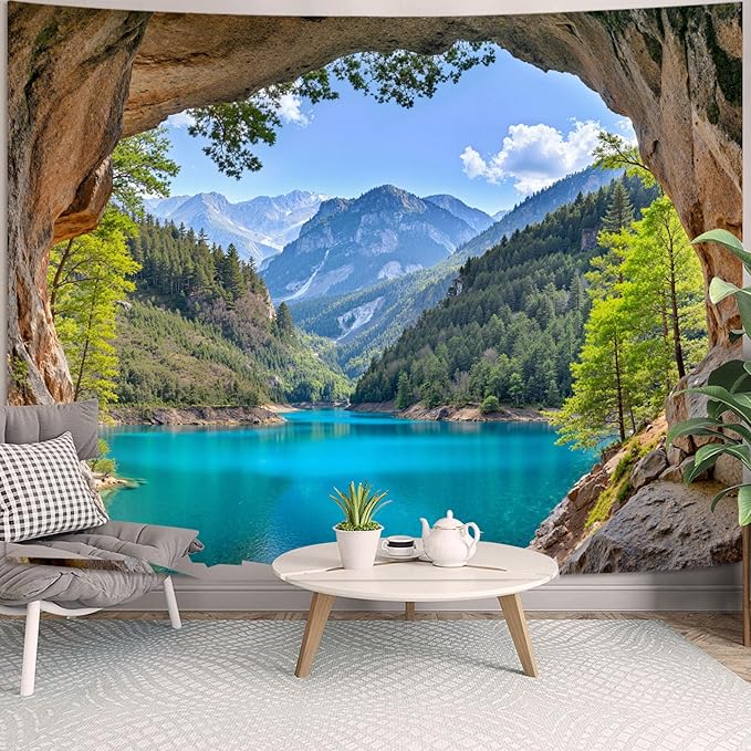 Zussun Nature Forest Mountain Tapestry Cave Pine Tree Tapestry for Bedroom Aesthetic Teal Lake Landscape Large Tapestries Wall Hanging for Dorm Living Room Decor 80 x 60 Inch