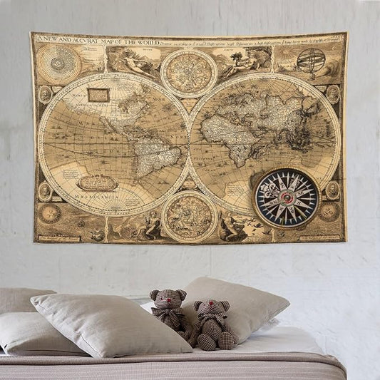ZhiRain World Map Tapestry Wall Hanging Rustic Vintage Nautical Farmhouse Retro Medieval Theme Tapestries Home Decor for Living Room Apartment Bedroom Dorm 60"x90"