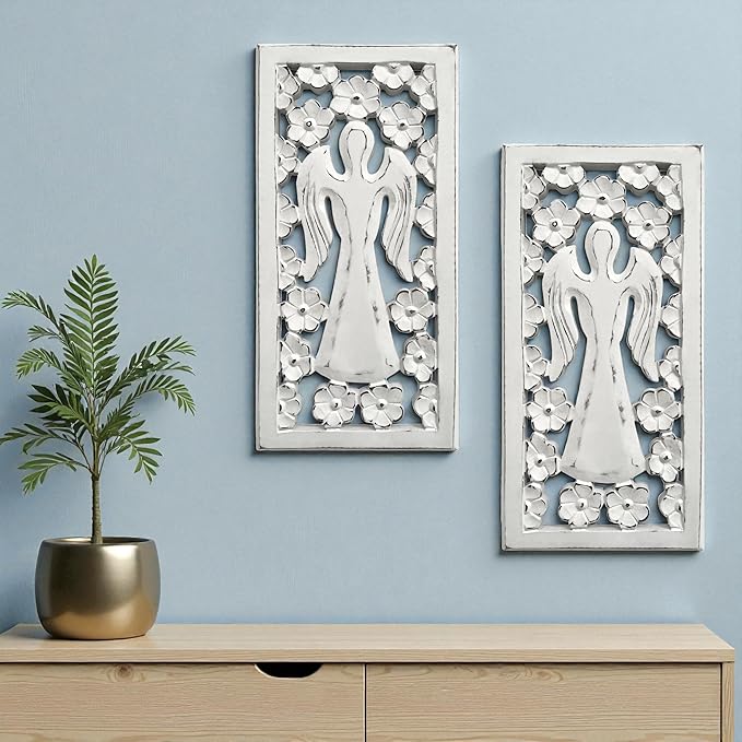 Wood Wall Art - Wall Panels in Handcrafted Carved Wood For Livingroom Bedroom,Dining room,Elegant Decorative Wall Art for Home & Office 8x16" Set of 2 White Antique_Angels Designs