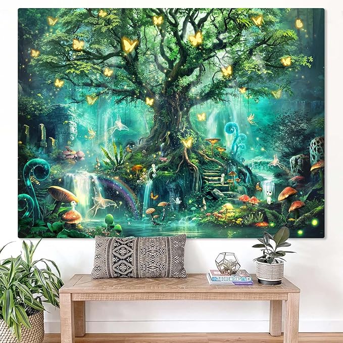 Zussun Fantasy Forest Tapestry Green Fairy Magical Tree of Life Tapestries for Bedroom Aesthetic Nature Plant Tapastry's Wall Hanging Mushroom Butterfly Elves Wall Tapestry for Living Room Dorm (80" x 60")