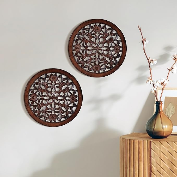 Woodify Hand-Carved Wooden Wall Décor – Set of 2, 12" x 12" Decorative Wood Panels, Floral Design, Natural Burnt Finish, Wall Art for Living Room & Home Décor