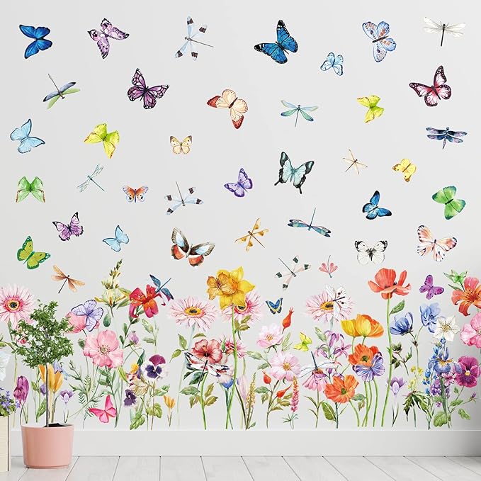 Zonon 6 Pcs Flowers Wall Decals Stickers Vinyl Removable Peel and Stick Colorful Dragonflies Floral Wall Murals Decor for Bedroom Living Room Nursery(Modern)
