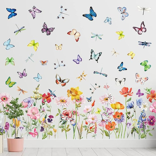 Zonon 6 Pcs Flowers Wall Decals Stickers Vinyl Removable Peel and Stick Colorful Dragonflies Floral Wall Murals Decor for Bedroom Living Room Nursery(Modern)