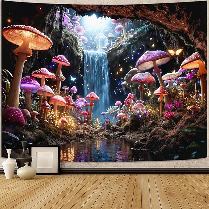 Zussun Fantasy Mushroom Waterfull Tapestry Fairy Butterfly Cave Wall Tapestry for Bedroom Aesthetic Nature Magic Floral Small Tapestries Wall Hanging for Dorm Living Room Decor 60 x 44 Inch