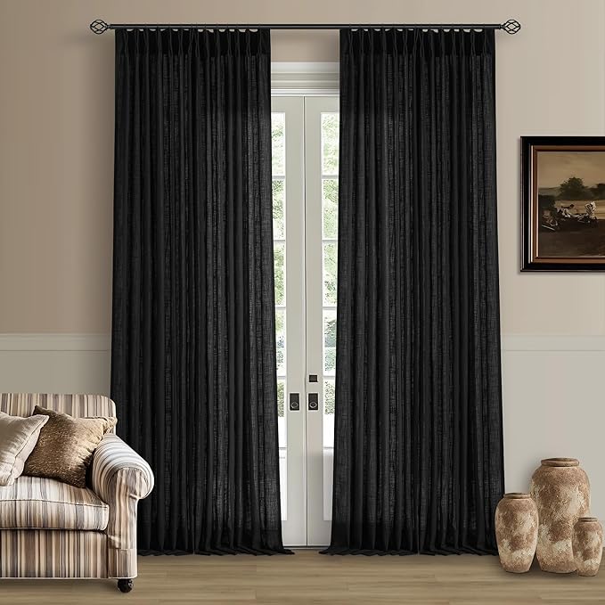 120 Inch Curtains High Ceiling Tall Curtains 2 Panels Set for Living Room Pinch Pleated with Hooks Rings Back Tab Bohemian Semi Sheer Drapes Cottage Long Large Window Drapes 120 Length Black