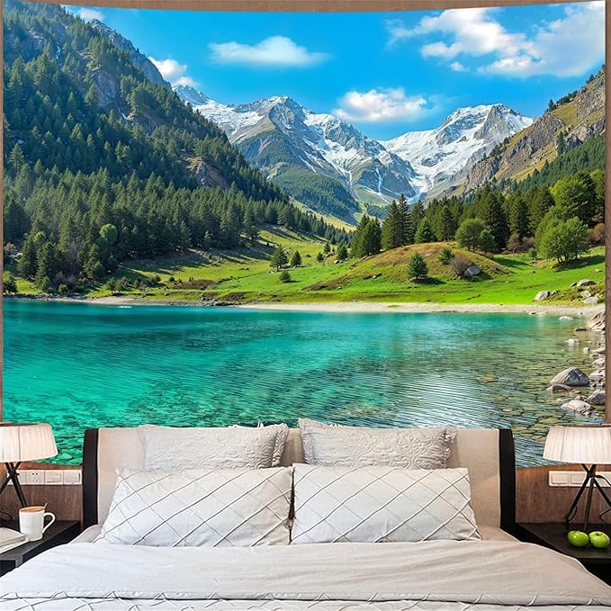 Zussun Nature Forest Mountain Tapestry Lush Green Pine Tree Lake Tapestry for Bedroom Aesthetic Meadow Mountain Landscape Large Tapestries Wall Hanging for Dorm Living Room Decor 80 x 60 Inch