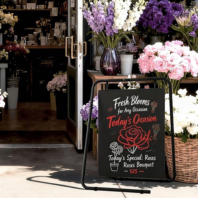 ybaymy Chalkboard Sign, A Frame Sign Sandwich Board Signs Metal Outdoor Chalk Board Easel Sign Swinging Large Menu with Double Sided Display Advertising for Restaurant Food Truck Cafe