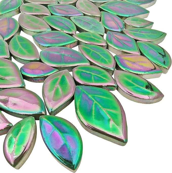 500g/1.1lb Leaf-Shaped Ceramic Mosaic Tiles,Ceramic Mosaic Pieces for Crafts,Mosaic Tiles for Home Decoration or DIY Crafts,Mosaic Making Supplies. (Iridescent Dark Green)
