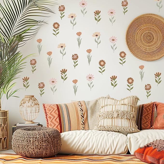 12Sheet Boho Wall Decals, 72Pcs Cute Flower Wall Decals, Flower Vinyl Walls Decal, Peel and Stick Floral Walls Decal, Bedroom Stickers for Girls Bedroom, Nursery, Classroom, Nursery