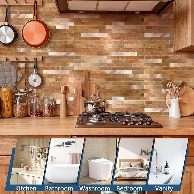 Yipscazo 40 Sheets PVC Wall Tiles Stick on Tiles for Backsplash Kitchen, Bathroom, Laundry Room, Camper, Fireplace (6'' X 12'', Copper Metal)