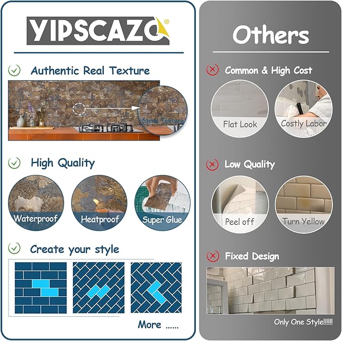 Yipscazo Peel and Stick backsplash 3 x 6 Inches 3D PVC Composite Wall Tile Stick on Backsplash Tile for Kitchen Bathroom, Laundry Room, Fireplace(Rust-Slate, 100 Pieces)