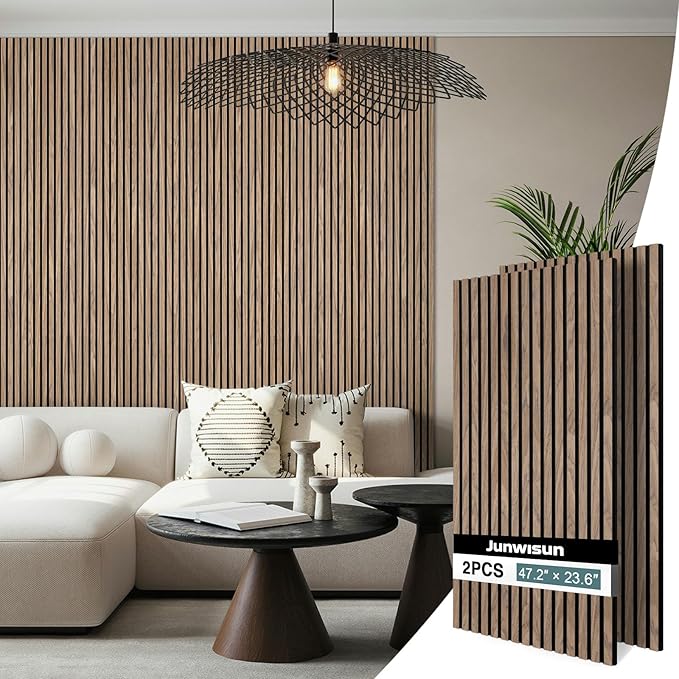 Acoustic Wall Panels, 2 Pack Wood Slat Wall Panel, Soundproof Wall Panels, 3D Textured Wall Decor for Ceiling and Wall, 23.6" x 47.2", in Walnut Finish