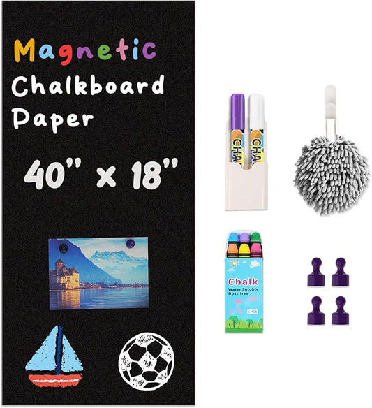 YOUNGJQ Magnetic Chalkboard Contact Paper for Wall 40" x 18" Self Adhesive Blackboard Wallpaper Peel and Stick Wall Decal with Starter Kit for Home Playroom Classroom