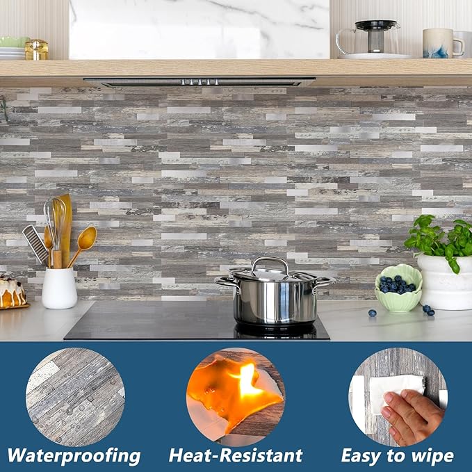 Yipscazo 2026 New Upgrade Peel and Stick Stone Metal Backsplash, PVC Wall Tiles Stick on Tiles for Backsplash Kitchen, Bathroom (20 Sheets, Light Wood)