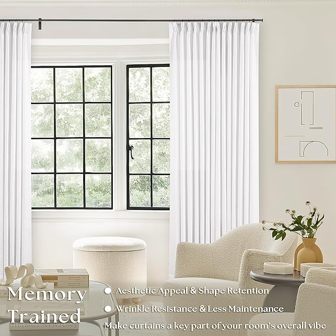 White Linen Pinch Pleated Curtains 84 Inches Long 2 Panels for Living Room Bedroom Snow White Textured Linen Pleated Hooks Rings Back Tab Elegant Luxury Light Filtering Curtain Drapes 84 Inch Length